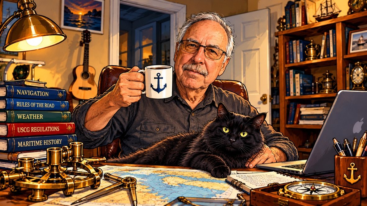 Illustration of Captain Mike at his desk with a mug of coffee, charts, navigation books and a black cat