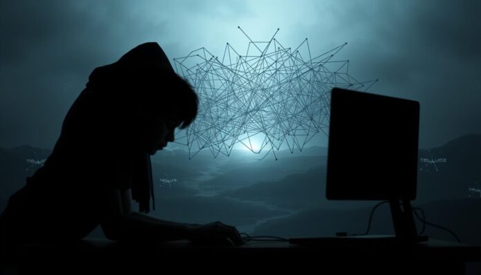 A bleak, dimly lit scene depicting the risks of online gaming. In the foreground, a young person hunched over a computer, engrossed in a game, with a shadowy figure lurking behind them, representing the potential online threats. The middle ground shows a tangled web of digital connections, symbolizing the complex and often unseen dangers of the internet. In the background, a distorted, glitching landscape, conveying the sense of instability and unpredictability that comes with excessive online engagement. The overall tone is one of unease and caution, emphasizing the need for vigilance and responsible online behavior. Soft, muted colors and a heavy, ominous atmosphere create a sense of foreboding.