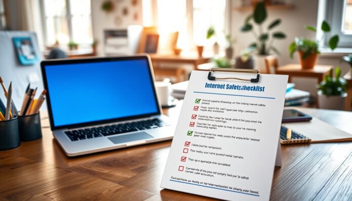 A clean, well-organized internet safety checklist displayed on a wooden desktop, illuminated by natural light streaming through nearby windows. The checklist features colorful icons and straightforward bullet points, conveying a sense of practicality and approachability. The foreground showcases the checklist itself, while the middle ground includes a laptop, smartphone, and other digital devices, symbolizing the online landscape. The background subtly blends office supplies, plants, and a cozy, home-like atmosphere, creating an inviting and family-friendly scene.