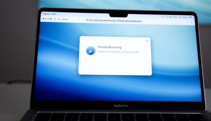 A close-up view of a MacBook Pro's screen, prominently displaying the Safari browser window with the 
