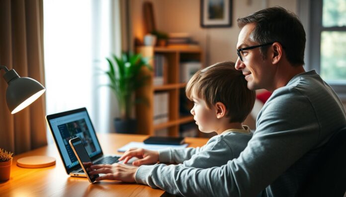 A cozy home office with a desk, laptop, and smartphone, all carefully positioned to monitor a young child's online activities. The scene is bathed in warm, indirect lighting, creating a thoughtful, introspective mood. The parent's gaze is focused on the screen, conveying a sense of attentiveness and care, while respecting the child's privacy. The room's decor and furnishings suggest a harmonious, family-oriented space. The overall impression is one of mindful parenting, balancing the need for safety with the desire to foster independence and trust.