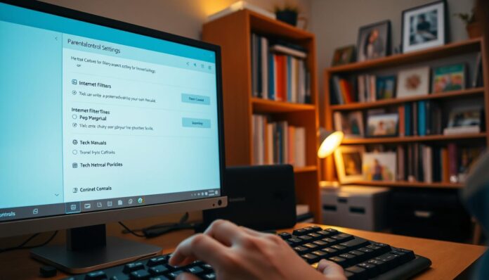 A cozy home office with a large computer monitor displaying parental control settings, soft lighting illuminating the scene. In the foreground, a hand hovers over the keyboard, ready to adjust internet filters and time limits. Behind, a bookshelf filled with tech manuals and family photos suggests a caring, responsible parent. The atmosphere conveys a sense of parental duty and technology-enabled safety for a child's online activities.
