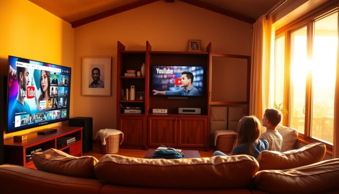 A cozy, well-lit YouTube family center nestled in a serene home environment. In the foreground, a large, high-definition display showcases vibrant, age-appropriate YouTube content. A comfortable couch and plush chairs invite family members to gather and enjoy the content together. In the middle ground, a wooden cabinet houses parental controls and monitoring tools, ensuring a safe and supervised browsing experience. The background features warm, natural lighting filtering through large windows, creating a calming and inviting atmosphere. The overall scene conveys a sense of security, family bonding, and responsible digital media consumption.