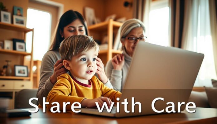 A cozy, well-lit home interior scene of a young child safely browsing the internet on a laptop, surrounded by caring parental figures. The child sits at a desk, their face illuminated by the laptop screen, eyes wide with wonder. Behind them, parents or guardians watch over, hands resting gently on the child's shoulders, conveying a sense of guidance and protection. The background features warm, earthy tones, with shelves of books and family photos, creating a nurturing, educational atmosphere. Soft, diffused lighting from a nearby window casts a gentle glow, emphasizing the theme of 