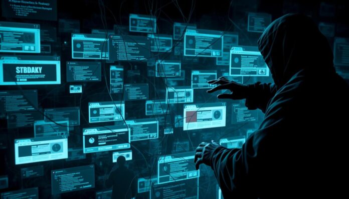 A dark and ominous scene of malicious browser hijackers lurking in the digital shadows. In the foreground, a sinister figure cloaked in a hooded robe, its face obscured by shadows, manipulates a tangled web of corrupted code. In the middle ground, unsuspecting internet users are ensnared in a maze of pop-ups, redirects, and deceptive advertisements. The background is a labyrinth of glitching, distorted browser windows, hinting at the chaos and vulnerability that browser hijackers exploit. The lighting is harsh and unforgiving, casting an eerie, unnatural glow over the entire scene, conveying a sense of impending danger and the urgent need for protection against these digital threats.