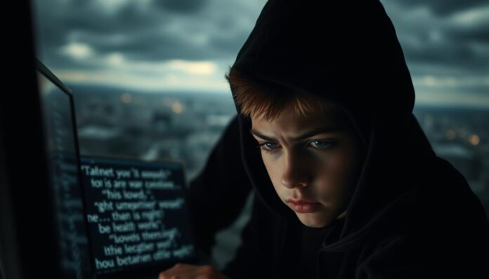 A dark, shadowy figure looms over a young person's computer screen, casting an ominous presence. In the foreground, the victim's face is etched with fear and anguish, their eyes glued to the harsh, unforgiving words that flash across the screen. The background is a blurred, chaotic landscape, representing the overwhelming sense of isolation and helplessness that often accompanies cyberbullying. Dramatic lighting casts dramatic shadows, heightening the sense of dread and vulnerability. The scene is captured with a wide-angle lens, emphasizing the vastness of the digital realm and the small, fragile figure at its mercy.