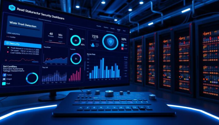 A detailed, futuristic security dashboard display showing the real-time status of a website's security measures. In the foreground, a large, high-resolution monitor depicts various metrics and indicators such as network traffic, threat detection, system health, and compliance status. The dashboard is illuminated by a cool, blue-hued lighting scheme, creating a sense of technological sophistication. In the middle ground, a sleek, minimalist control panel with various input controls and status indicators. The background features a dimly lit, high-tech server room with racks of blinking hardware. The overall atmosphere conveys a sense of vigilance, efficiency, and the importance of robust online security.