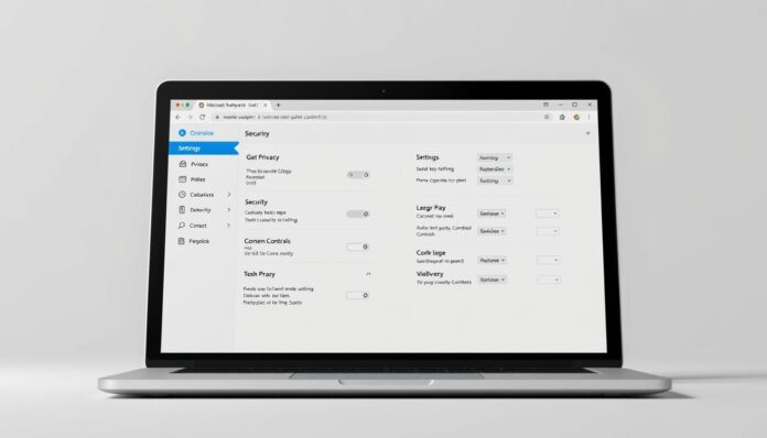 A digital rendering of a laptop screen displaying the security settings menu of the Microsoft Edge and Apple Safari web browsers, showcased in a clean, minimalist style. The foreground features the browser windows side-by-side, with clearly visible settings options for privacy, security, and content controls. The middle ground depicts a neutral gray background, allowing the browser windows to be the focal point. Soft, diffused lighting from the top creates a sense of depth and illumination, while the overall mood is one of simplicity and professionalism, suitable for an educational guide on browser security.