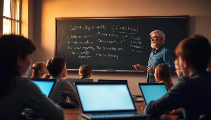 A dimly lit classroom with a teacher standing in front of a chalkboard, using a pointer to illustrate digital concepts. Students, of varying ages, sit attentively, their faces illuminated by the glow of their laptops and tablets. Soft, warm lighting filters through the windows, creating a sense of focused learning. The teacher's expression is one of patient guidance, as they demonstrate fundamental digital skills - internet safety, online etiquette, and the responsible use of technology. The scene conveys the importance of fostering digital literacy in a nurturing, educational environment.