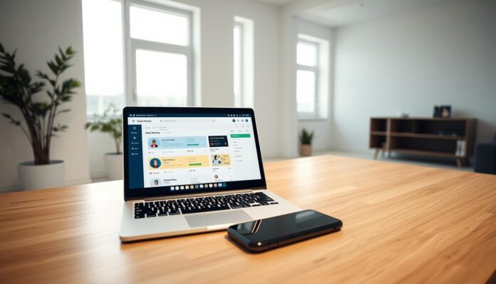 A modern home office setup with a laptop and smartphone on a wooden desk, displaying browser monitoring software. The foreground shows the laptop screen with a user interface for monitoring web activity, parental controls, and internet usage reports. In the middle ground, a smartphone is placed next to the laptop, indicating integration with mobile devices. The background features a minimalist, well-lit room with large windows, neutral-toned walls, and a potted plant, creating a clean, professional atmosphere. The lighting is soft and natural, enhancing the clarity of the technological elements. The overall composition conveys a sense of control, security, and a productive work environment.