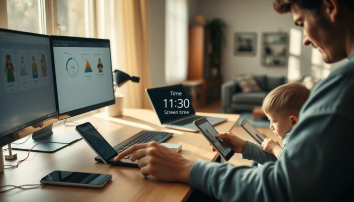 A serene home office setting, with a large desk showcasing a desktop computer, laptop, and smartphone. Sunlight filters through the window, casting a warm glow on the scene. In the foreground, a parent diligently monitors the screen time settings on their devices, balancing productivity and family time. The middle ground features a child playing a game on a tablet, with a subtle timer overlay indicating the allotted screen time. The background depicts a cozy living room, hinting at the family's holistic approach to technology management. Lighting is soft and inviting, conveying a sense of mindfulness and control over digital habits.