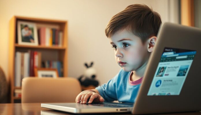 A serene home setting with a young child sitting at a desk, intently focused on a laptop screen. The lighting is soft and warm, creating a cozy atmosphere. In the background, a bookshelf and a framed family photo subtly suggest a nurturing environment. The child's expression conveys a sense of curiosity and engagement, reflecting the importance of fostering safe and responsible internet exploration. Delicate lines of code and web browser windows are visible on the laptop, hinting at the digital world the child is navigating with care and supervision.