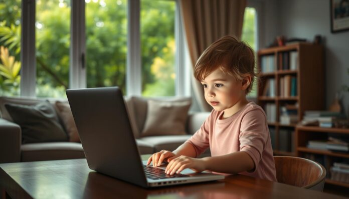 A serene, well-lit home interior with a cozy couch and large windows overlooking a lush, verdant garden. In the foreground, a young child sits at a wooden desk, intently focused on a laptop screen. Soft, indirect lighting illuminates the scene, creating a sense of safety and comfort. The child's posture exudes curiosity and engagement, their face radiating a calm, thoughtful expression. The background features educational materials, such as books and learning resources, hinting at the importance of online safety education. The overall atmosphere conveys a sense of security, learning, and the nurturing of a child's digital well-being.