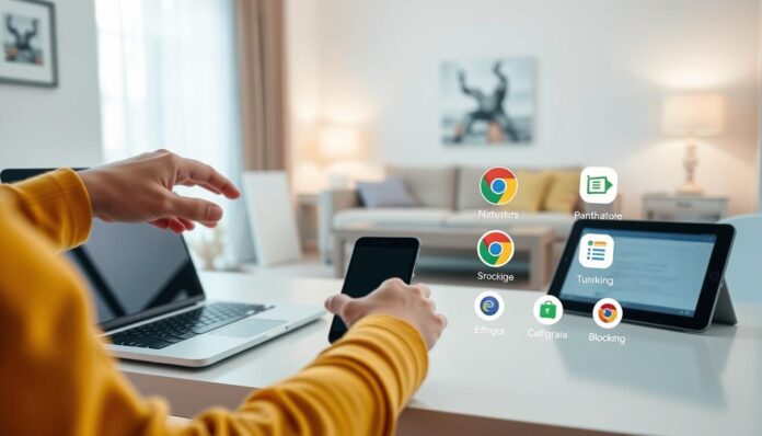 A serene, well-lit home office scene with a laptop, smartphone, and tablet on a clean, minimalist desk. In the foreground, a hand reaches out, guiding a young child towards the devices, symbolizing parental guidance and oversight. The middle ground features various browser extension icons, representing tools for content blocking and online safety. The background showcases a warm, inviting living room, with gentle lighting and a sense of comfort, conveying a secure and nurturing home environment. The overall mood is one of care, control, and digital responsibility.