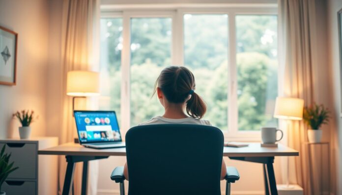 A serene, well-lit home office with a sturdy desk and ergonomic chair. In the foreground, a young girl sits attentively, her gaze focused on a laptop screen displaying a vibrant social media interface. Soft, warm lighting illuminates the scene, creating an atmosphere of comfort and security. The background features a large window overlooking a lush, verdant landscape, symbolizing the balance between digital and natural worlds. Subtle, pastel-toned decor elements blend harmoniously, conveying a sense of mindfulness and control in navigating the online realm. The overall mood is one of calm, contemplation, and responsible digital engagement.
