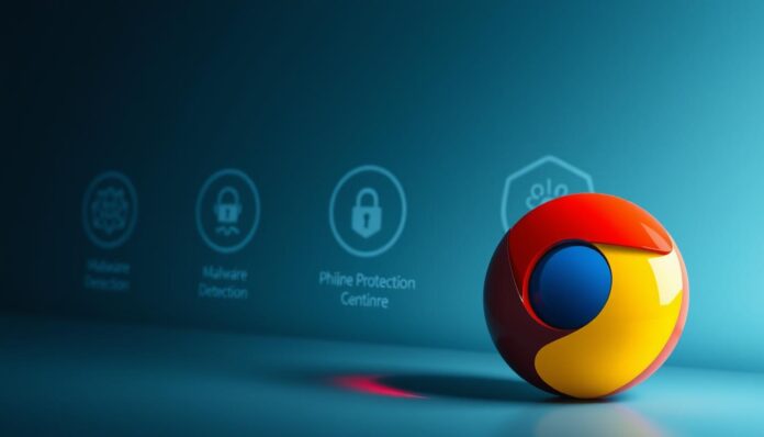 A sleek and modern-looking digital security interface, depicting the different protection levels offered by Chrome. The foreground showcases a stylized Chrome logo, its edges glowing with a soft, metallic sheen. The middle ground features a series of circular icons, each representing a specific security feature, such as malware detection, phishing protection, and safe browsing. The background is a gradient of cool, calming blues and grays, conveying a sense of digital security and reliability. The lighting is crisp and directional, casting subtle shadows that add depth and dimension to the overall scene. The camera angle is slightly elevated, giving the viewer a sense of authority and control over the protective measures displayed.