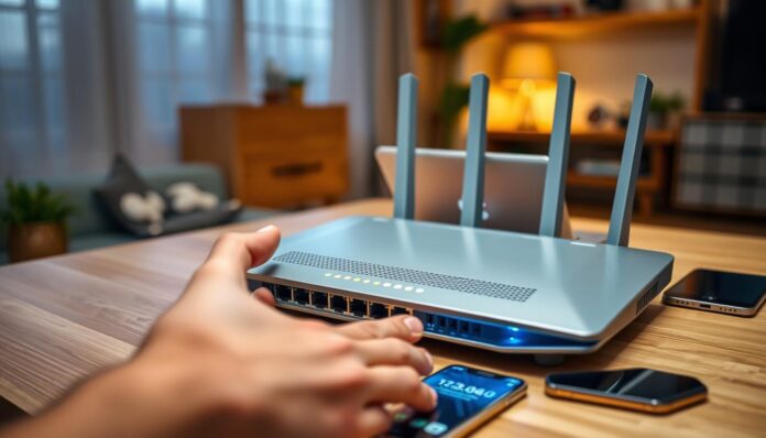 A sleek, modern router is prominently displayed, its blinking lights and various ports representing the intricate network connectivity it provides. In the foreground, a parent's hand adjusts the router's settings, carefully customizing the web filtering options to protect their family. The mid-ground showcases a variety of connected devices, from laptops to smartphones, all under the router's watchful eye. The background depicts a cozy, well-lit home setting, conveying a sense of security and control over the digital environment. The scene is illuminated by warm, diffused lighting, creating a welcoming and reassuring atmosphere for the viewer.