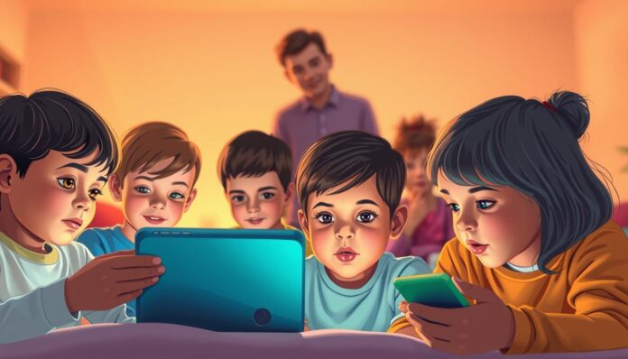 A vibrant illustration of kids online safety, captured through the lens of a wide-angle camera. In the foreground, a diverse group of children intently focused on their digital devices, their expressions conveying a mix of curiosity and caution. In the middle ground, a parent or guardian stands nearby, their watchful gaze reflecting a protective stance. The background is a serene, warm-toned environment, suggesting the comfort and security of a home setting. Soft, diffuse lighting illuminates the scene, creating a sense of warmth and intimacy. The overall atmosphere conveys the importance of a comprehensive strategy for ensuring online safety for children of all ages.
