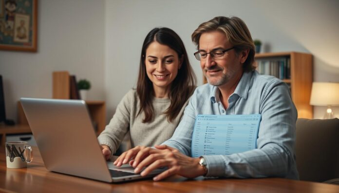 A warm, thoughtful atmosphere of trust and support. A pair of adults, one mentoring the other, sitting together at a desk in a cozy home office. Soft, indirect lighting highlights their earnest expressions as they review browser history data on a laptop screen, balancing the need for online privacy and safety. The mentee's face shows a mix of vulnerability and gratitude, while the mentor radiates calm reassurance. The scene conveys the collaborative spirit of an 