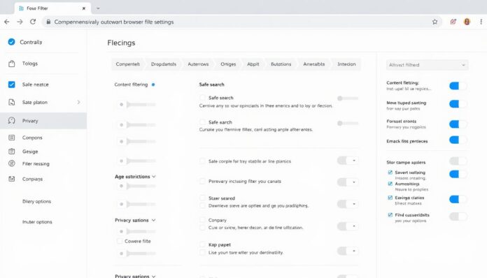 A well-lit and meticulously detailed digital illustration showcasing the comprehensive browser filter settings interface. In the foreground, various toggles, sliders, and dropdown menus allow for granular control over content filtering, safe search, age restrictions, and privacy options. The middle ground features a clean, minimalist layout with clear iconography and intuitive user controls. In the background, a soft, neutral color palette and subtle gradients create a professional, polished aesthetic. Realistic lighting and camera angles give the image a sense of depth and tactility, inviting the viewer to explore the powerful customization tools at their fingertips.