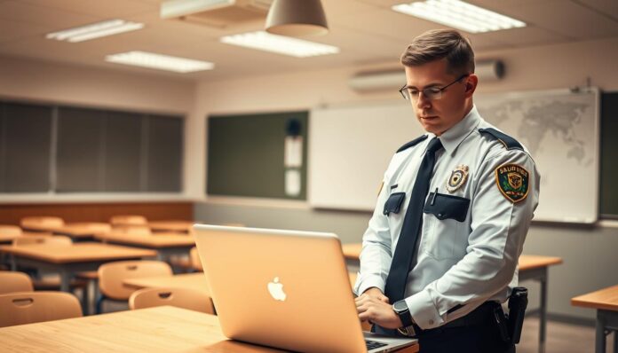 A well-lit classroom setting, with desks, chairs, and a whiteboard in the background. In the foreground, a security officer stands vigilant, examining a school-issued laptop on a table. The lighting is warm and inviting, conveying a sense of safety and professionalism. The officer's uniform is crisp, and their expression is focused, reflecting the importance of their role in ensuring the school's digital security policies are upheld. The overall atmosphere is one of diligence and attention to detail, with a subtle underlying theme of technological integration in the modern academic environment.