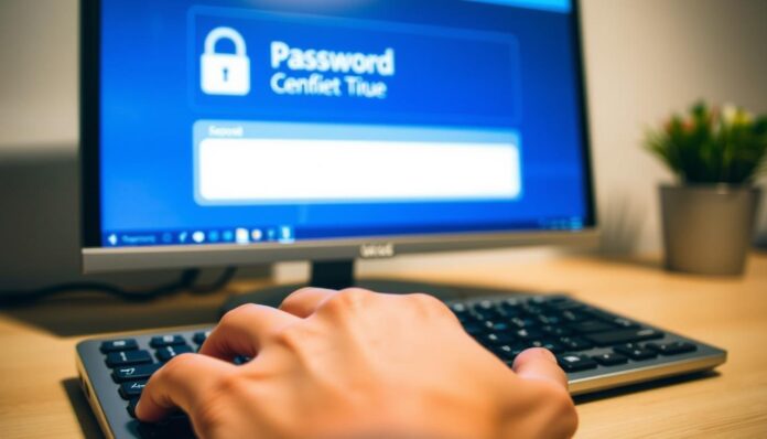 A well-lit, close-up view of a human hand securely typing a password on a sleek, modern keyboard. The fingers are poised with focused intention, the keystrokes deliberate and precise. In the background, a softly blurred desktop computer screen displays a password security interface, highlighting the importance of strong, unique passwords for online account protection. The overall scene conveys a sense of digital safety and responsible cybersecurity practices, suitable for illustrating the 
