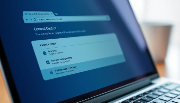 A well-lit close-up view of a modern laptop or desktop computer screen, displaying the settings menu for a popular web browser's parental control features. The browser interface is clean and intuitive, with clear options to manage content filtering, time limits, and safe search settings. The screen is angled slightly to the left, allowing the viewer to see the controls and settings in detail. The background is slightly blurred, creating a sense of focus on the browser interface. The overall mood is one of control and security, conveying the ability of parents to create a safe online environment for their children.