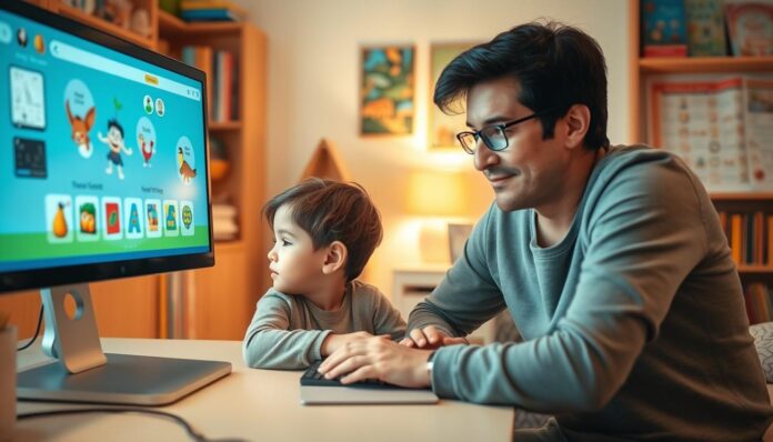 A well-lit, cozy home study with a parent closely monitoring a young child's computer screen during a remote learning session. The parent has a calm, attentive expression, guiding the child as they navigate educational apps and websites. The child's face is focused, their hands positioned on the keyboard, suggesting active engagement. Soft, warm lighting illuminates the scene, creating an atmosphere of care and security. The background features shelves of books, educational posters, and a sense of a nurturing, enriching environment that supports the child's learning.