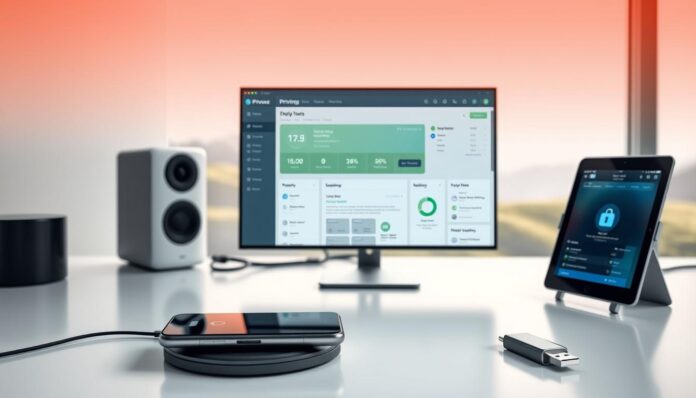 A well-lit, minimalist workspace with a sleek desktop computer, a smartphone resting on a wireless charging pad, and a tablet propped up on a stand. In the foreground, an array of privacy-focused software and hardware tools - a VPN router, a hardware security key, and an encrypted USB drive. The middle ground features a user-friendly dashboard for managing these privacy tools, with clear visualizations of data flows and security settings. The background showcases a serene, nature-inspired landscape with soft, diffused lighting, conveying a sense of digital security and peace of mind.