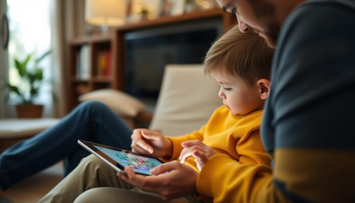 An image of a parent using Mobicip on a tablet to monitor their child's online activity