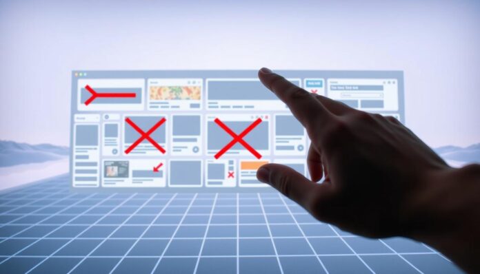 Detailed image of various types of browser ads blocked and disabled on a digital screen. In the foreground, a hand gesture indicating 