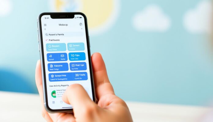 Generate an image of Mobicip's dashboard on a parent's smartphone, showing various control options and activity reports.