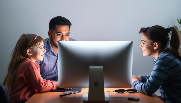 Generate an image of a family using a computer with a secure browser.