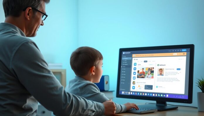 Generate an image of a parent monitoring their child's online activity on a computer using parental control software.