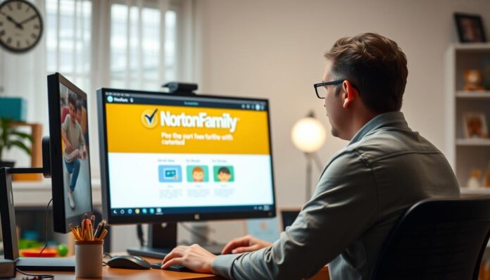 Generate an image of a parent using a computer with Norton Family software on the screen.