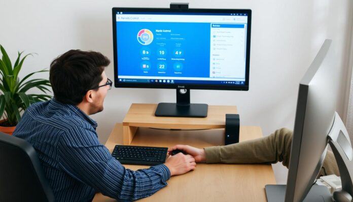Generate an image of a parent using a computer with a parental control software interface on the screen.