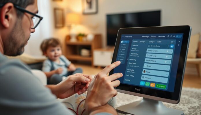 Generate an image of a parent using parental control software on their device.